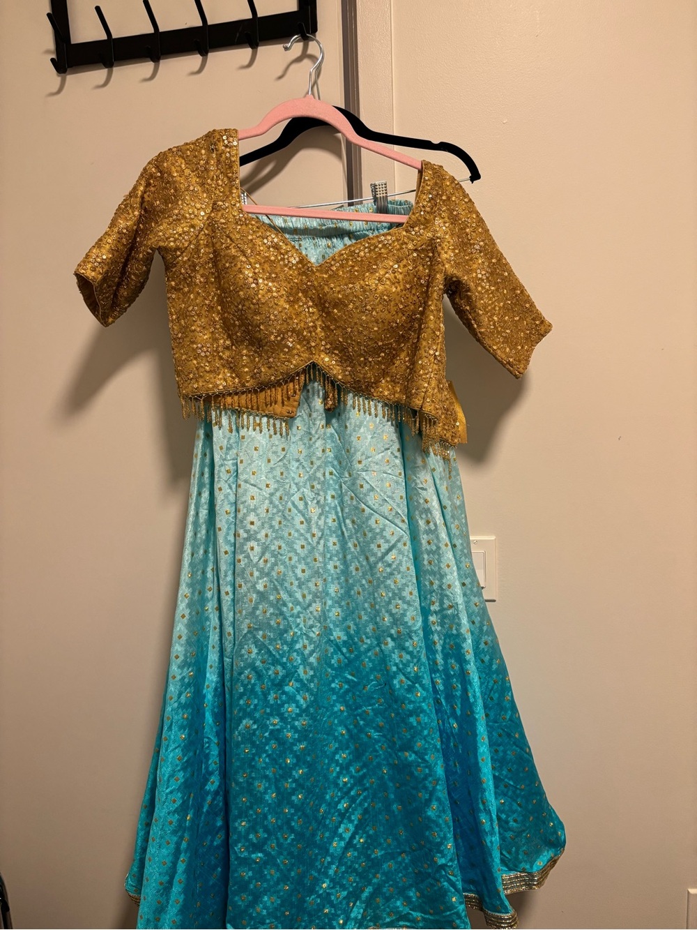 Lehenga Gold Beaded Top with Blue Skirt